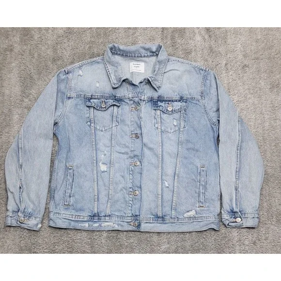 Old Navy Jean Jacket Size Large Boyfriend Distressed Ripped Light Blue Denim - Picture 2 of 13